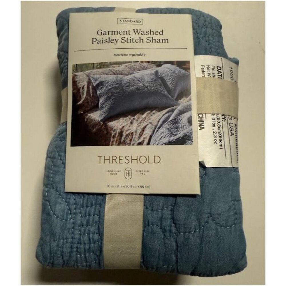 Threshold Standard Garment Washed Paisley Stitch Quilt Sham Blue